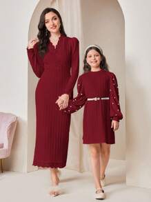 Modelyn 勃艮第红色纯色纽扣前蕾丝边连衣裙（无腰带） - 酒紅色 - 查看 7