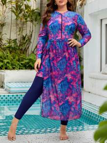 Swim Mulvari 夏季海滩女式加大码全印花前拉链上衣搭配高腰紧身布基尼泳裤阿拉伯服装 - 彩色 - 查看 1