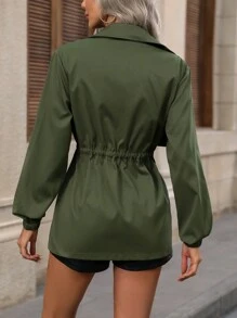 SHEIN Frenchy Áo khoác trench coat nữ có dây rút ở eo và khóa kéo phía trước - xanh quân đội - Xem 2