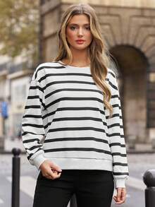 SHEIN Frenchy Women's Striped Drop Shoulder Sweatshirt - Black and White - View 4