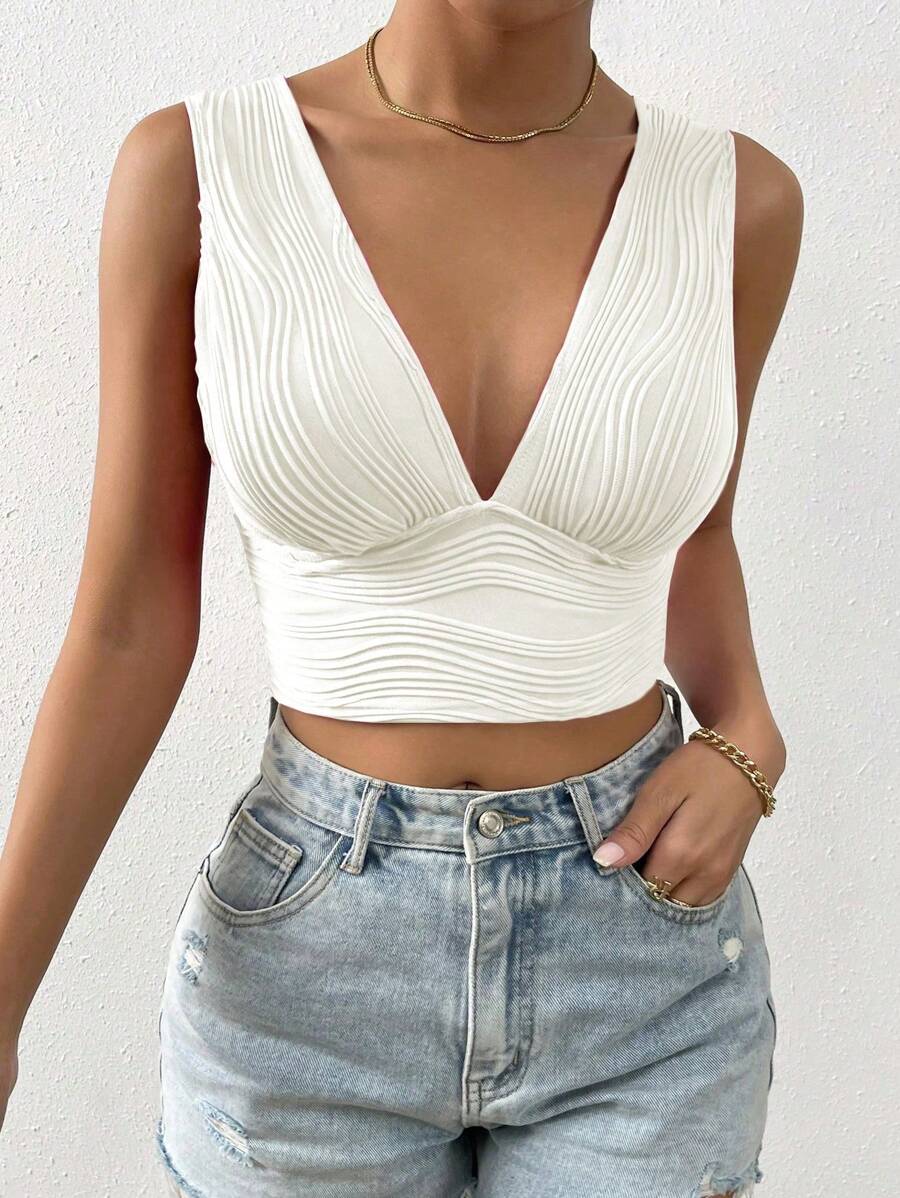 Allurite Plunging Neck Crop Tank Top - White - View 1