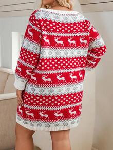 Calvaya Plus Christmas Pattern Boat Neck Sweater Dress - Red and White - View 2