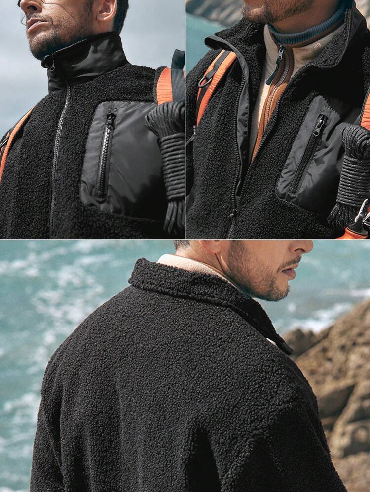 Men Solid Zip Up Pocket Patched Teddy Jacket