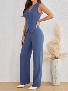 SHEIN Tall Women's Sleeveless Suit Set In Fall/Winter - Dusty Blue - View 6