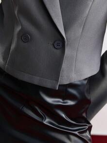 BizChic Solid Color Lapel Double Breasted Suit Jacket - Grey - View 8