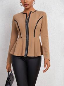 SHEIN Essnce Contrast Binding Zip Up Peplum Jacket - Khaki - View 1