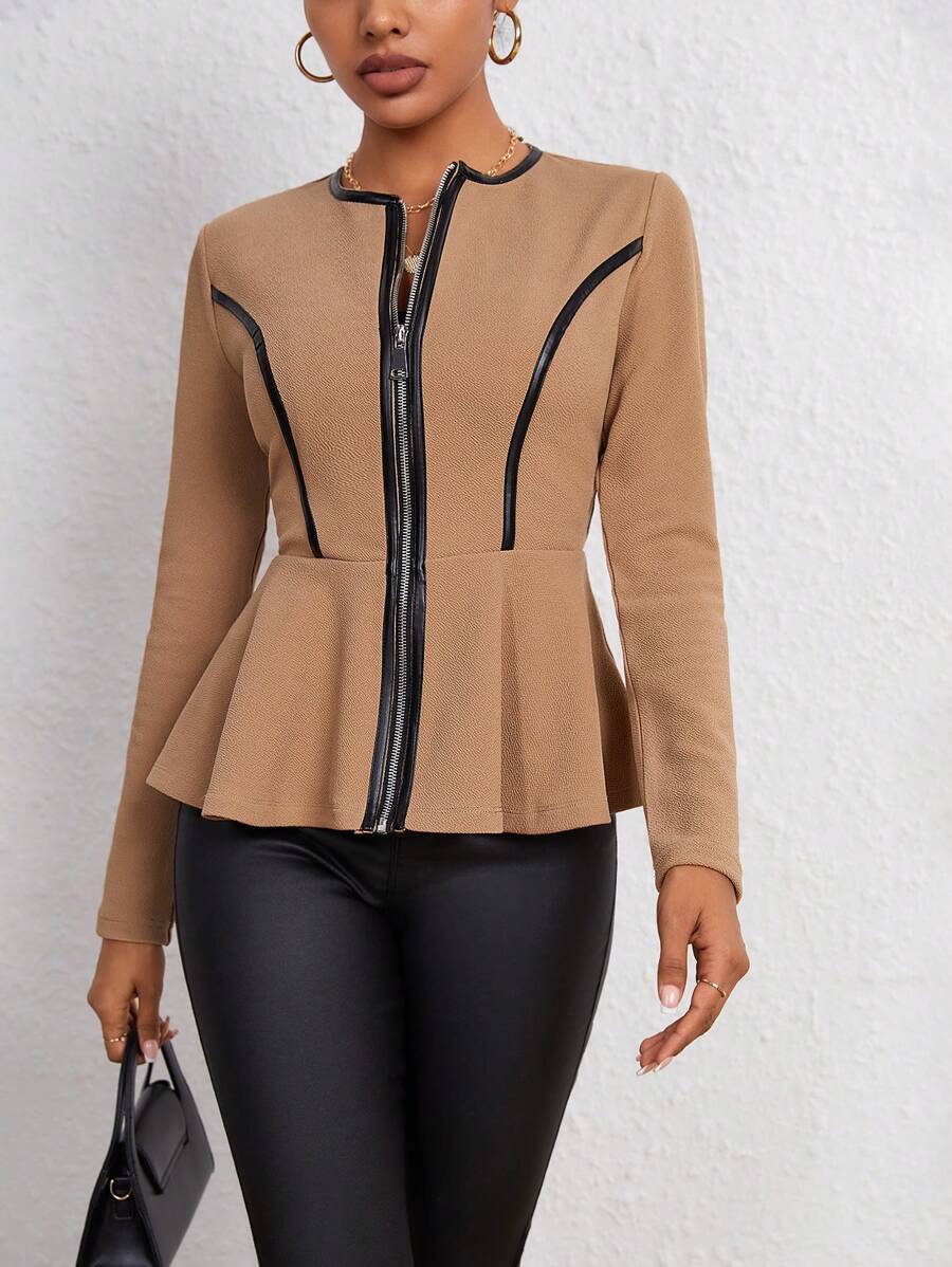 SHEIN Essnce Contrast Binding Zip Up Peplum Jacket - Khaki - View 1