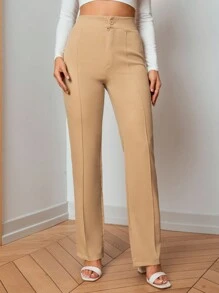 Cottnline High Waist Seam Detail Pants - Beige - View 1