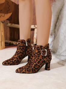 女士时尚高跟靴，新款法式性感豹纹绒面尖头粗跟短踝靴，百搭细靴 - 彩色 - 查看 3