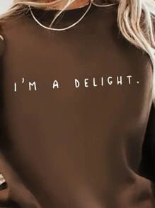 INAWLY 女式大码标语印花圆领运动衫，适合冬季 - 咖啡棕 - 查看 4