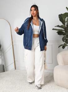 SHEIN EZwear Plus Size Women's Denim Jacket With Hood - Blue - View 3