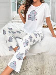 Cartoon Graphic Tee & Pants PJ Set / Pajama Set - Multicolor - View 5