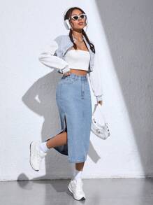 SHEIN PETITE Falda De Mezclilla Con Abertura Alta