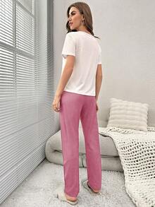 Slogan Graphic Tee & Pants PJ Set - Pink - View 2