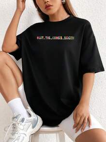 SHEIN EZwear Women's Cartoon Fun Printed Drop Shoulder T-shirt - Black - View 4