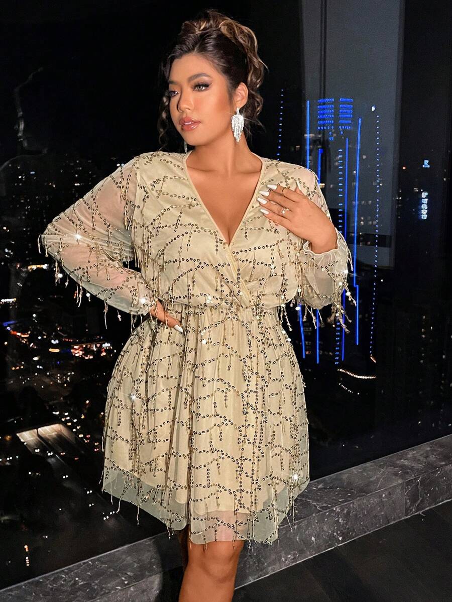 Celure Mesh Splice & Sequin Embellished Dress - Apricot - View 1