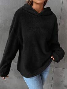 SHEIN EZwear Thả vai Flannel Hoodie - màu đen - Xem 6