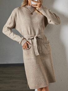 SHEIN Frenchy Cổ giả Vá Túi Viền chia cắt Thắt lưng Đầm Áo len - Màu nâu  Mocha - Xem 1