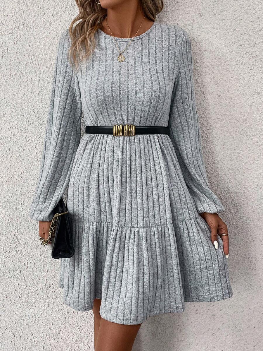 SHEIN Clasi 氣球袖圓領針織長袖連身裙 - 淺灰色 - 查看 1