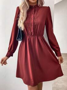 SHEIN LUNE Guipure Lace Insert Shirt Dress - Brown - View 4