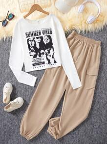 少女角色和標語印花t恤和工具褲2入組 - 卡其色 - 查看 1
