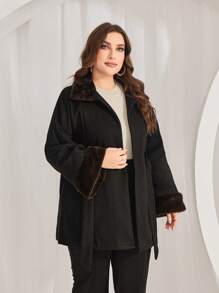 Modelyn Áo khoác cỡ lớn có tay áo Raglan, cổ áo bằng vải nhung và thắt lưng - màu đen - Xem 4