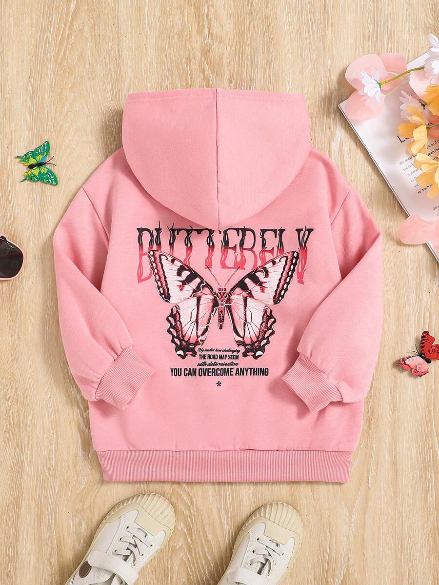 SHEIN 少女蝴蝶标语图案卫衣 - 粉色 - 查看 1