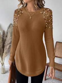 EMERY ROSE 鑽石和珍珠串珠細節毛衣 - 棕色 - 查看 1