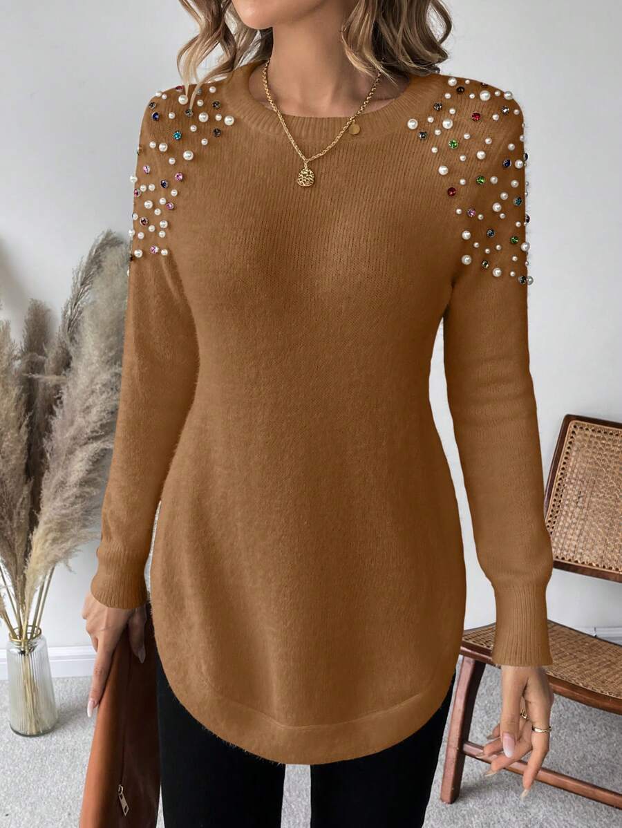 EMERY ROSE 鑽石和珍珠串珠細節毛衣 - 棕色 - 查看 1