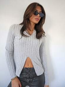 SHEIN Essnce 下擺開叉條紋圖案T恤 - 淺灰色 - 查看 6