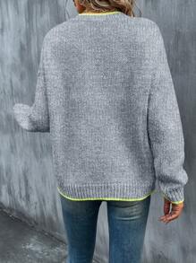 SHEIN LUNE Color Block Ribbed Edge Drop-shoulder Sweater With Double Pockets - Light Grey - View 2