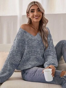 SHEIN LUNE 女士休闲渐变色灯笼袖针织套头衫秋冬毛衣 - 藍色 - 查看 6