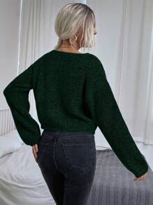 SHEIN Frenchy 休閒純色肋編針織毛衣 - 墨綠色 - 查看 2