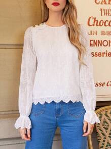 SHEIN Frenchy Women's Lace Flare Sleeve Blouse - White - View 3
