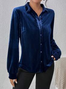 SHEIN Privé 素色前紐扣襯衫 - 藏蓝色 - 查看 5