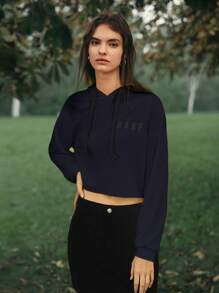 SHEIN EZwear Capucha crop de hombros caídos con cordón - Azul Marino - Ver 7