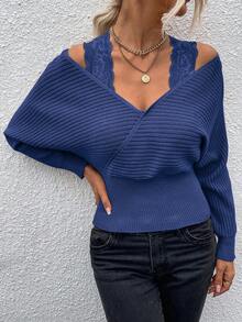 SHEIN Essnce 拼接蕾絲蝙蝠袖純色毛衣 - 藏蓝色 - 查看 6