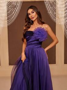 SHEIN Belle Off-shoulder, Gradient Color Tulle Maxi Evening Dress With 3d Flower Detail (heavy Work) - Purple - View 4