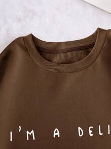 INAWLY 女式大码标语印花圆领运动衫，适合冬季 - 咖啡棕 - 查看 3