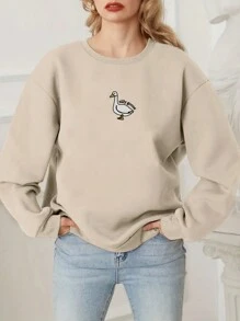 SHEIN Essnce 卡通圖案落肩袖加絨內裏運動衫 - 杏色 - 查看 1