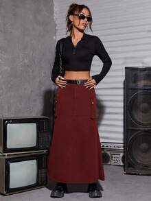 SHEIN Clasi 側翻蓋口袋工裝裙 - 紅色 - 查看 3