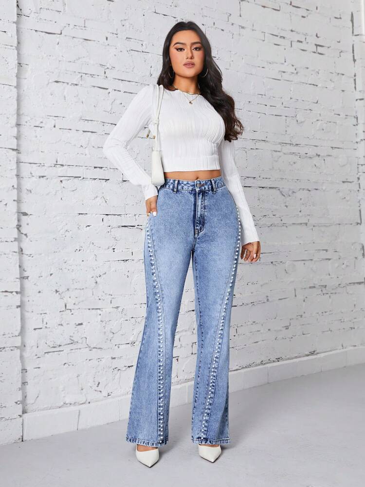 Jeans Flared Pants With Faux Pearl Stud Details