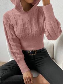 SHEIN Essnce Cable Knit Drop Shoulder Hooded Sweater - Pink - View 5