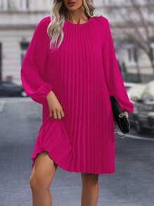 SHEIN Clasi Lantern Sleeve Pleated Hem Dress - Hot Pink - View 5