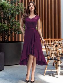 MIUSOL Contrast Floral Lace Ruffle Hem Chiffon Cocktail Party Swing Dress - Maroon - View 4