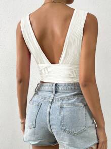 Allurite Plunging Neck Crop Tank Top - White - View 2