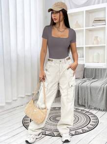 SHEIN EZwear 方領條紋針織T恤連體衣 - 灰色 - 查看 3