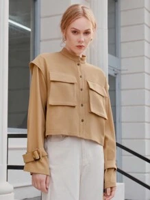 Anewsta Túi có nắp Khóa Cổ tay áo Mặt trước Áo khoác - Lạc đà - Xem 3