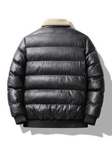 Men Borg Collar Letter Patched Detail Padded Coat - Black - View 2