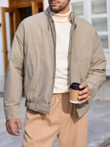 Manfinity Homme Abrigo acolchado con cierre de cremallera y botones a presión talla grande para hombre